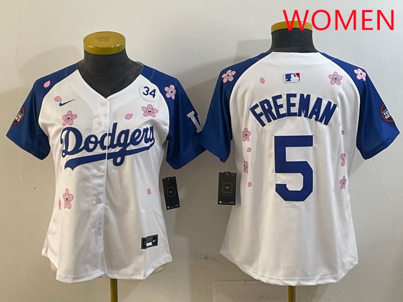 Women Los Angeles Dodgers #5 Freeman White Blue Sakura Edition 2025 Nike MLB Jersey style 4->women mlb jersey->Women Jersey